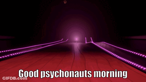 A Bowling Alley Scene With The Words Good Psychonauts Morning GIF