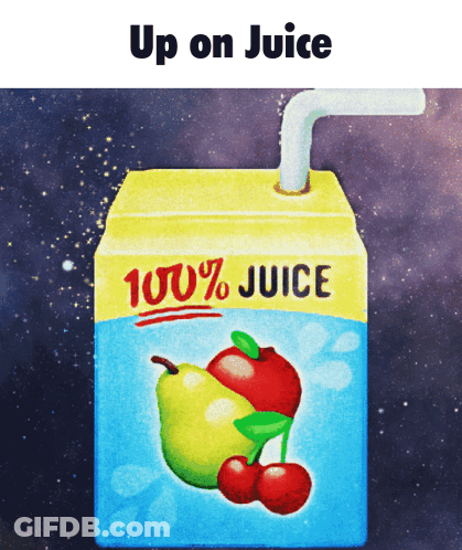 A Box Of 100 % Juice With An Apple And Cherry On It GIF
