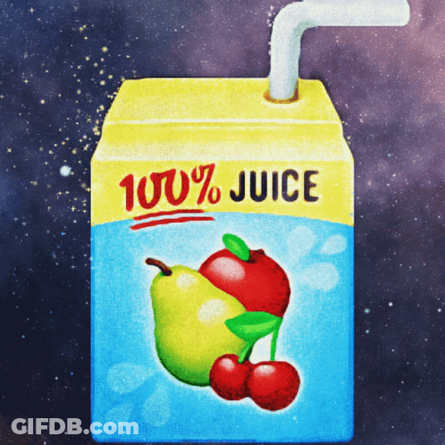 A Box Of 100 % Juice With Apples And Cherries On The Label GIF