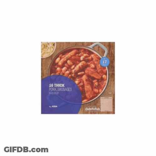 A Box Of BBC Thick Pork Sausages With Beans In A Tomato Sauce GIF