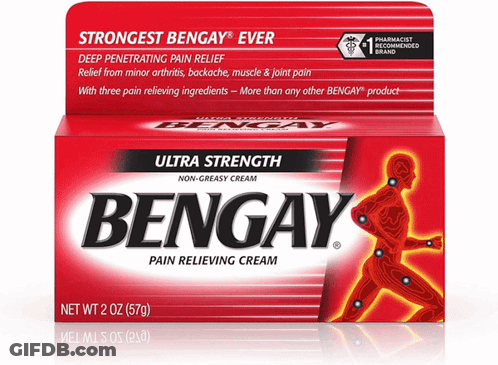 A Box Of Bengay Pain Relieving Cream With A Picture Of A Man GIF