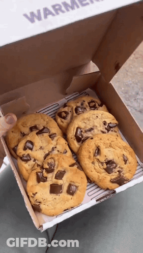A Box Of Chocolate Chip Cookies Has The Word Warmer On The Top GIF