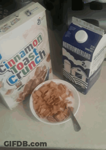A Box Of Cinnamon Toast Crunch Next To A Bowl Of Cereal And A Carton Of Milk GIF