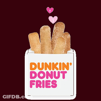 A Box Of Dunkin ' Donut Fries With Balloons Coming Out Of It GIF