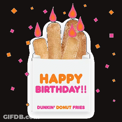A Box Of Dunkin ' Donut Fries With Birthday Candles On It GIF