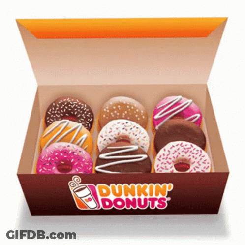 A Box Of Dunkin ' Donuts With A Cup Of Coffee On It GIF