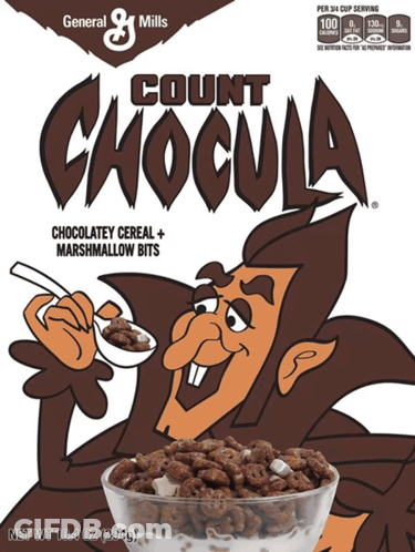 A Box Of General Mills Count Chocula Chocolatey Cereal With Marshmallow Bits GIF