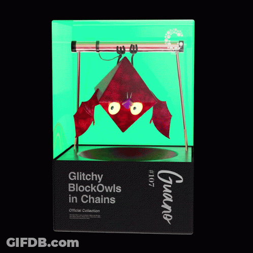 A Box Of Glitchy Blockowls In Chains Official Collection # 107 GIF