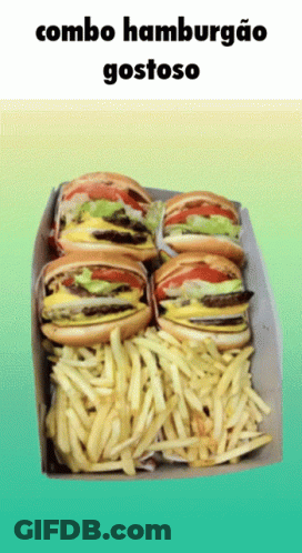 A Box Of Hamburgers And French Fries With The Words Combo Hamburgao Gostoso On The Bottom GIF