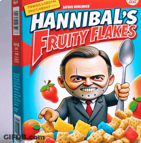 A Box Of Hannibal 'S Fruity Flakes Cereal Shows A Man In A Suit And Tie Holding A Spoon GIF