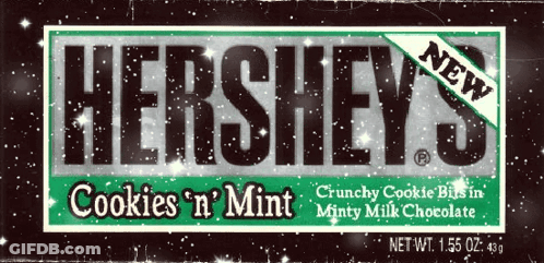 A Box Of Hershey 'S Cookies ' N ' Mint Crunchy Cookie Bits In Minty Milk Chocolate GIF