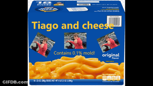 A Box Of Macaroni And Cheese With The Words Tiago And Cheese On It GIF
