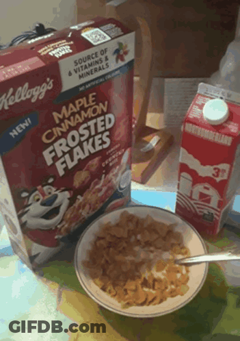 A Box Of Maple Cinnamon Frosted Flakes Sits Next To A Bowl Of Cereal GIF