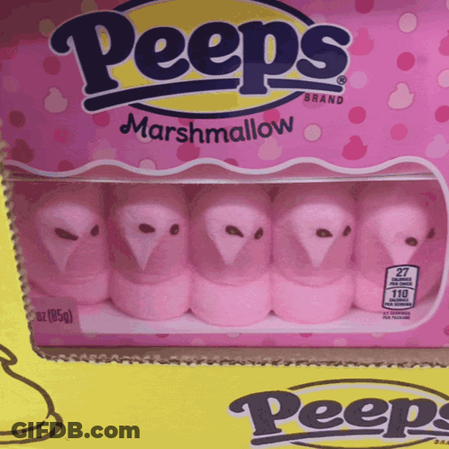 A Box Of Pink Peeps Marshmallows That Look Like Owls GIF