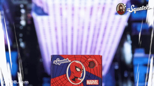 A Box Of Squatch Marvel Candy With A Spider Man Logo On It GIF