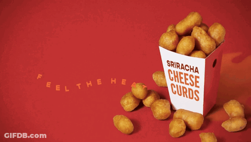 A Box Of Sriracha Cheese Curds Is On A Red Background GIF