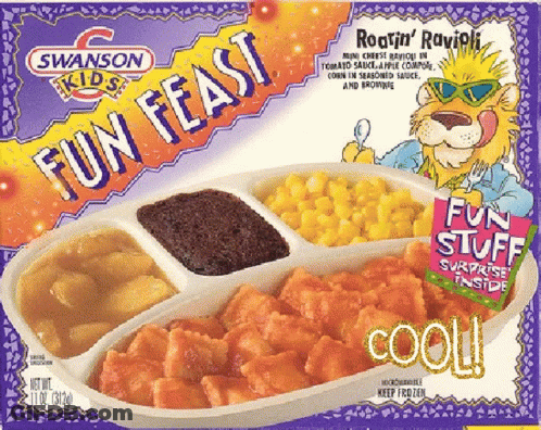 A Box Of Swanson Kids Fun Feast With A Lion Wearing Sunglasses GIF