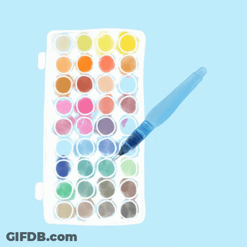 A Box Of Watercolors And A Brush On A Light Blue Background GIF