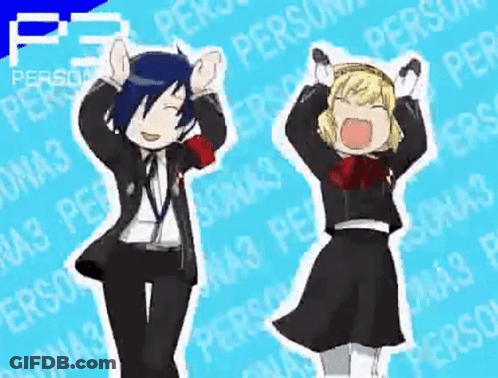 A Boy And A Girl Are Dancing In Front Of A Blue Background With The Word Persona3 On It GIF