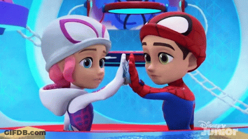 A Boy And A Girl Are Giving Each Other A High Five In A Disney Junior Cartoon GIF