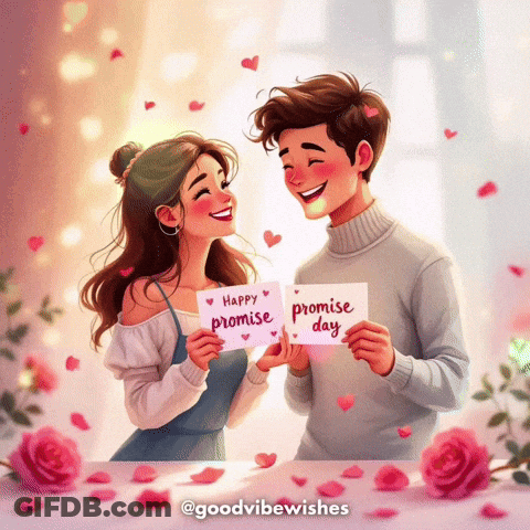 A Boy And A Girl Are Holding A Sign That Says Happy Promise Day GIF