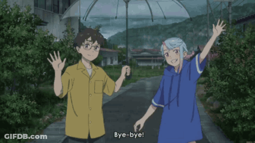 A Boy And A Girl Are Holding An Umbrella And Saying Bye Bye GIF