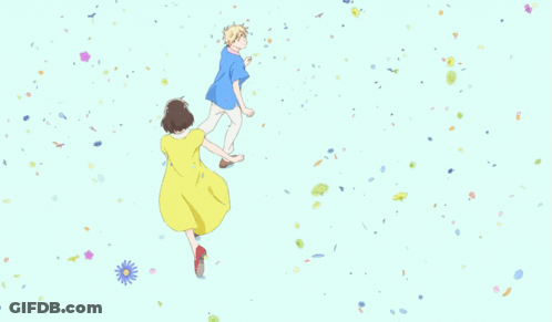 A Boy And A Girl Are Holding Hands And Petals Are Falling Around Them GIF
