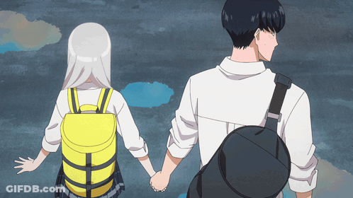 A Boy And A Girl Are Holding Hands And The Girl Has A Yellow Backpack On GIF