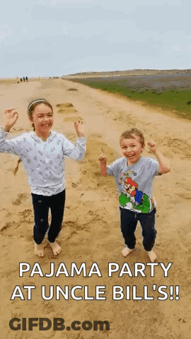 A Boy And A Girl Are Holding Hands On A Dirt Road And The Caption Says Pajama Party At Uncle Bill 'S GIF