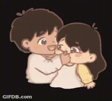 A Boy And A Girl Are Hugging Each Other And The Girl Is Covering Her Mouth With Her Hand . GIF