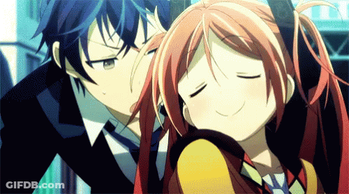 A Boy And A Girl Are Hugging Each Other And The Girl Is Smiling GIF