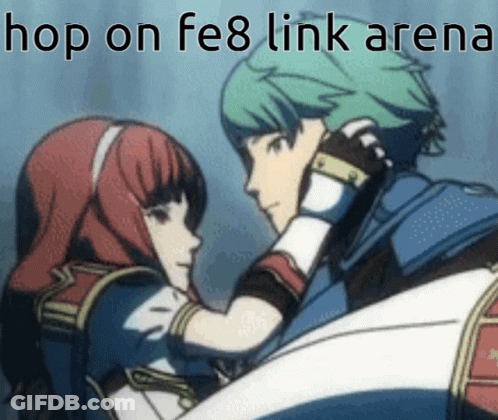 A Boy And A Girl Are Hugging Each Other With The Words Hop On Fe8 Link Arena Below Them GIF