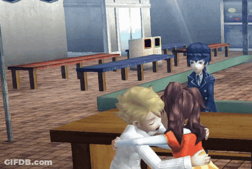 A Boy And A Girl Are Hugging In A Room With Tables And Benches GIF