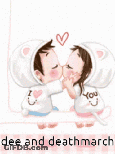 A Boy And A Girl Are Kissing With The Words Dee And Deathmarch Below Them GIF