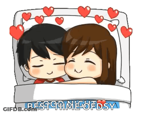 A Boy And A Girl Are Laying In Bed With Hearts Around Them And The Words `` Best Time Of Fdsy '' . GIF