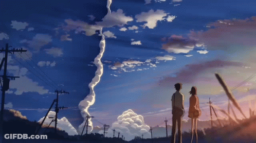A Boy And A Girl Are Looking At A Cloud In The Sky GIF