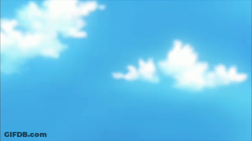 A Boy And A Girl Are Looking At Each Other Against A Blue Sky With Clouds GIF