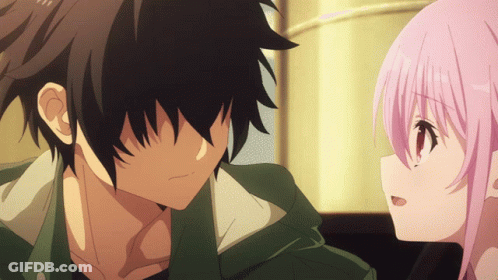 A Boy And A Girl Are Looking At Each Other And The Girl Has Pink Hair GIF