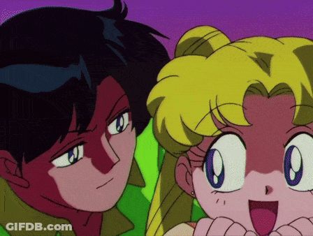 A Boy And A Girl Are Looking At Each Other With A Purple Background GIF