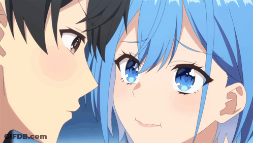 A Boy And A Girl Are Looking At Each Other With Blue Hair GIF