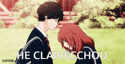 A Boy And A Girl Are Looking At Each Other With The Words He Clairechou Written Above Them GIF