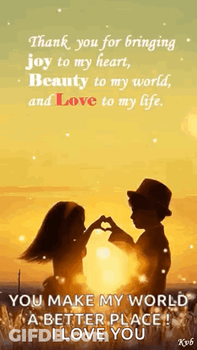 A Boy And A Girl Are Making A Heart Shape With Their Hands In Front Of A Sunset . GIF