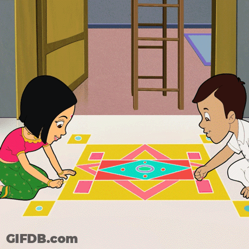 A Boy And A Girl Are Playing With A Colorful Design On A Floor GIF