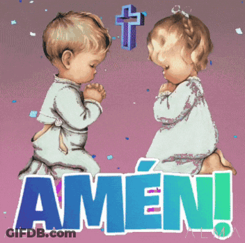 A Boy And A Girl Are Praying In Front Of A Cross And The Word Amen GIF