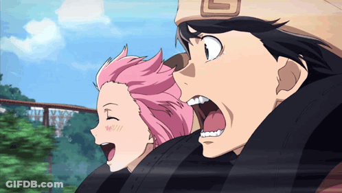 A Boy And A Girl Are Riding A Roller Coaster And The Girl Has Pink Hair GIF