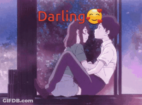 A Boy And A Girl Are Sitting Next To Each Other And The Word Darling Is Written Above Them GIF