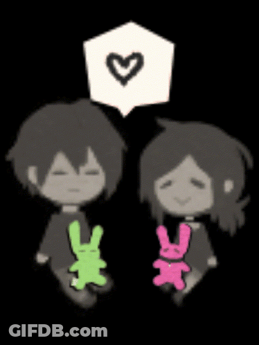 A Boy And A Girl Are Sitting Next To Each Other Holding Stuffed Animals With A Heart In A Speech Bubble Above Them GIF