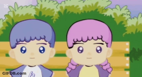 A Boy And A Girl Are Sitting Next To Each Other On A Bench In A Cartoon GIF