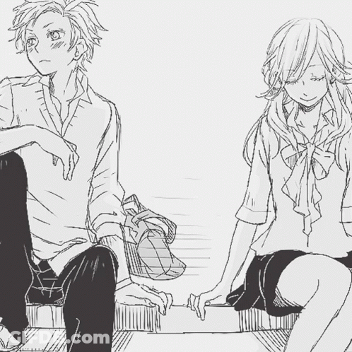 A Boy And A Girl Are Sitting Next To Each Other With Speech Bubbles With Hearts On Them GIF