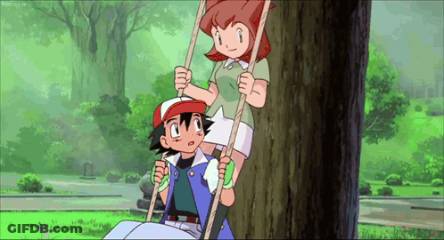 A Boy And A Girl Are Sitting On A Tree Swing . GIF